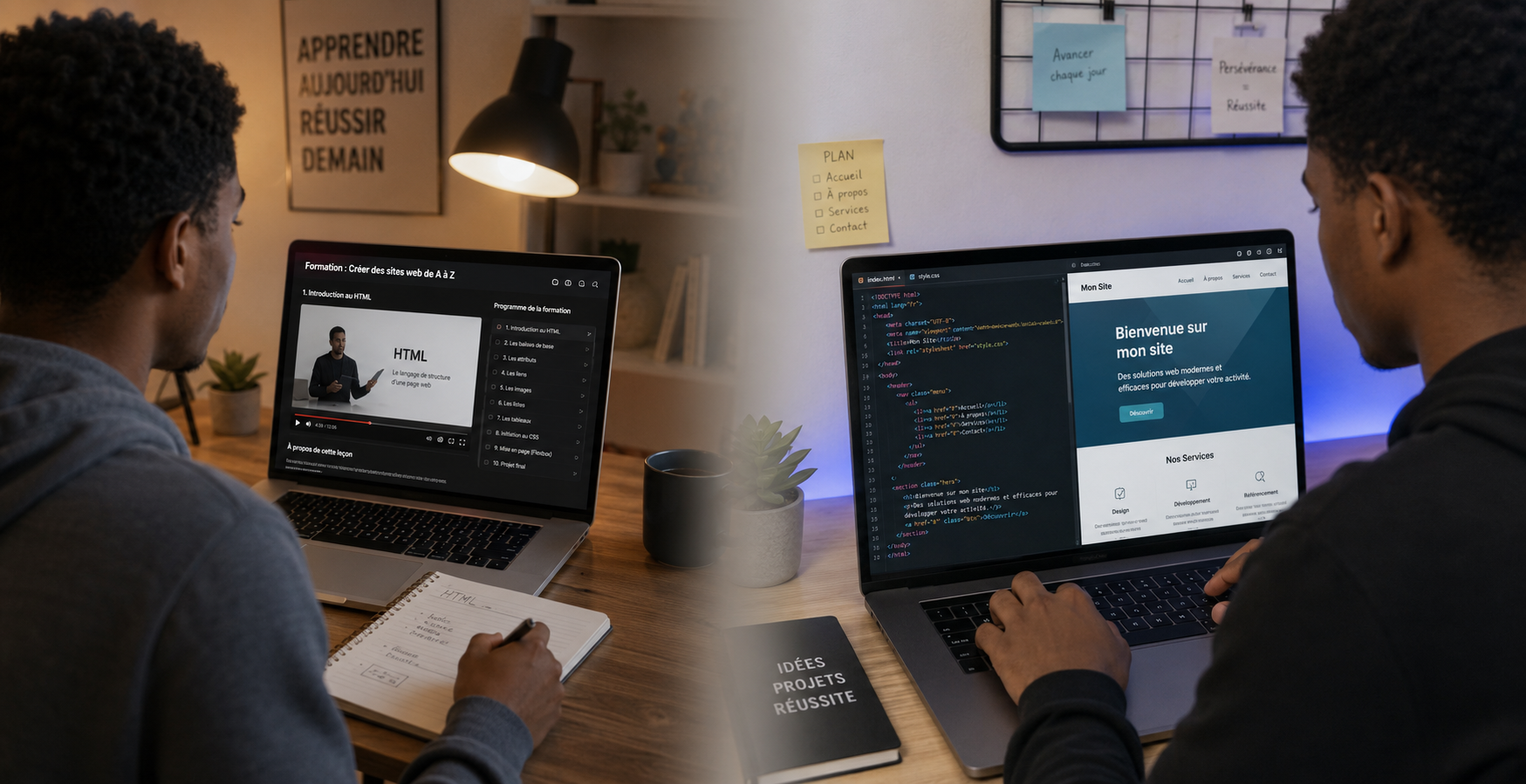 Personne et robot construisant un site web ensemble