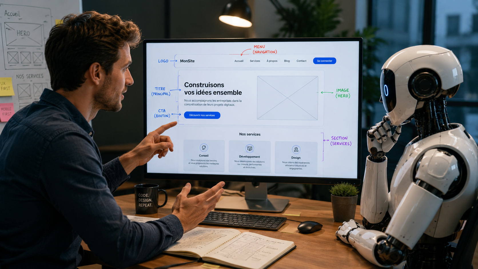Une personne et un robot analysent ensemble la maquette d'un site web sur un écran