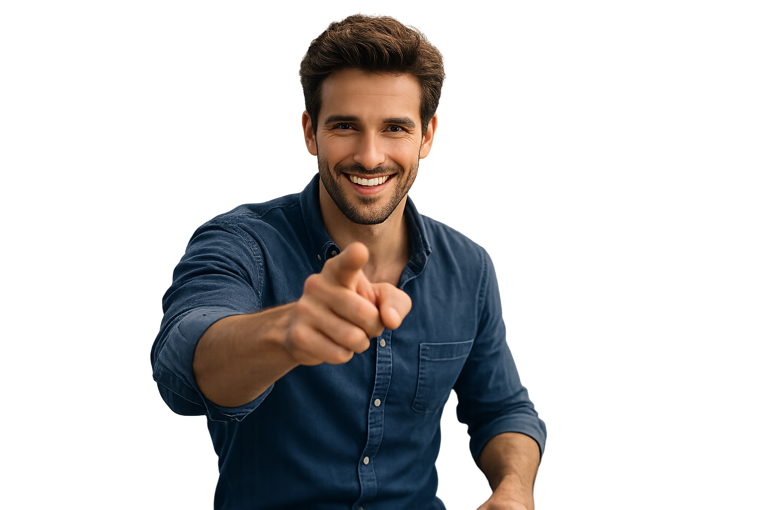 Un homme souriant pointe du doigt vers vous pour vous inviter à lancer votre site