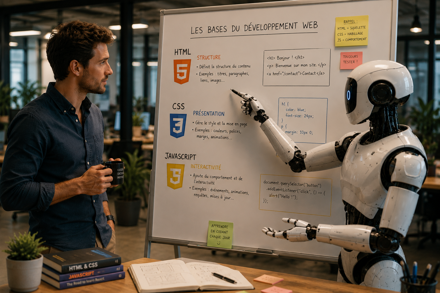 Un robot montre les briques de code qui composent une page web